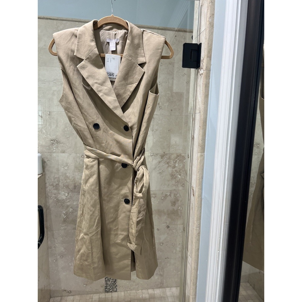 H&M Womens Linen Khaki Sleeveless Collared Knee Length Dress Beige L New NWT